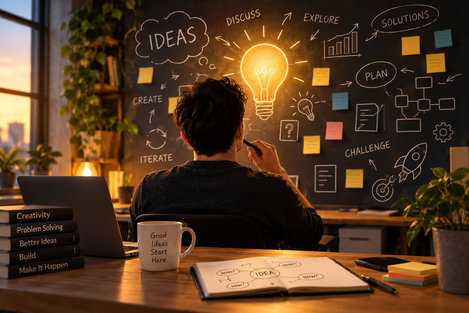 Person brainstorming ideas in front of a wall covered with notes and diagrams